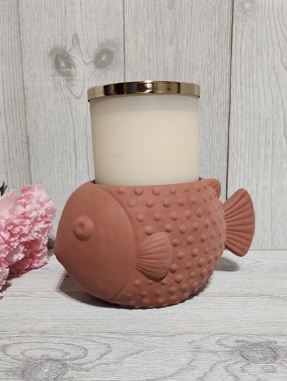 Bath & Body Works Puffer Blow Fish Terracotta Clay 3 Wick Candle Holder